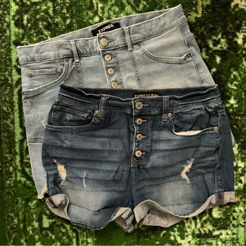 Express Women's Denim Shorts - Light Blue and Dark Blue